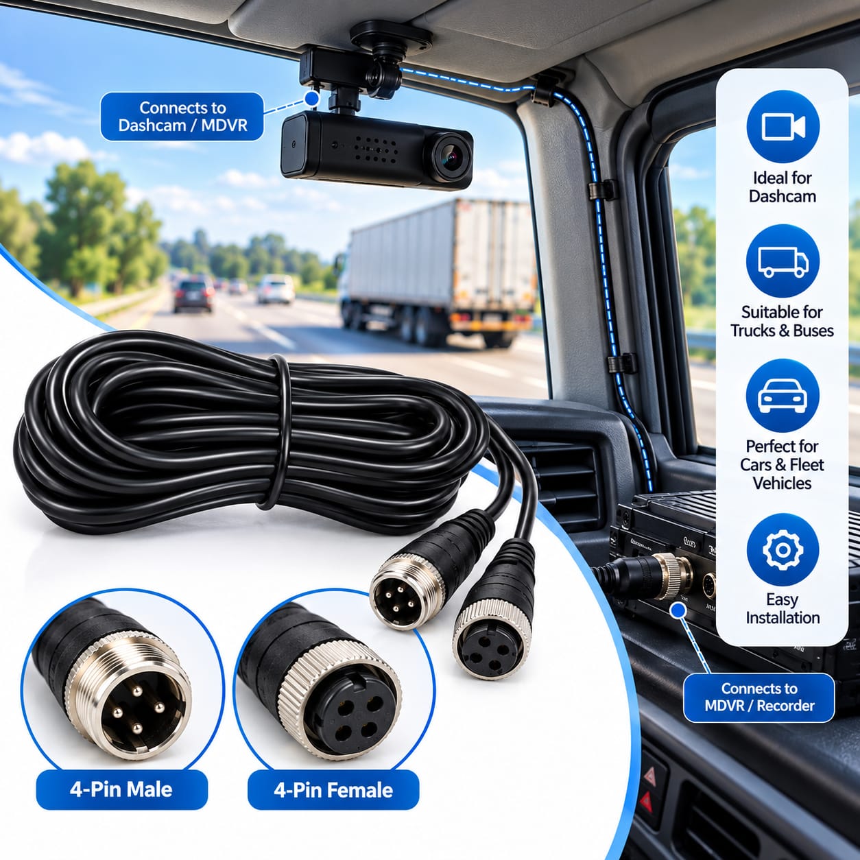 5M 4-Pin Aviation Cable: Uses in MDVR, Bus & Truck Camera Systems